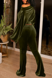 Army Green Casual Solid Patchwork One Shoulder Long Sleeve Two Pieces