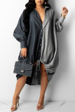 グレー ファッション カジュアル パッチワーク ベーシック ターンダウン カラー ロング スリーブ ドレス