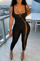 Zwarte sexy effen patchwork skinny jumpsuits met vierkante kraag