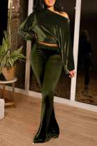Army Green Casual Solid Patchwork One Shoulder Long Sleeve Two Pieces