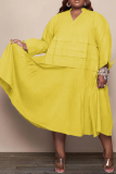 Желтая повседневная однотонная юбка-торт с оборками и V-образным вырезом Платья больших размеров