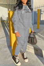 Vêtements de sport à la mode gris imprimé Patchwork col à capuche manches longues deux pièces