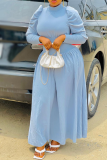 Vestidos de falda de pastel de cuello alto medio de patchwork sólido casual azul claro