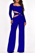 Blue Sexy Solid Hollowed Out Patchwork Square Collar Straight Jumpsuits
