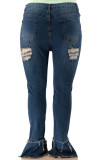 O cowboy azul Sexy Street Sólido Rasgado Patchwork Cintura Alta Bota Corte Jeans Jeans