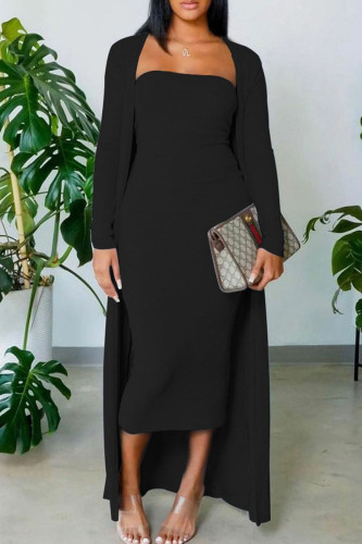 Black Casual Solid Patchwork Strapless Long Sleeve Two Pieces