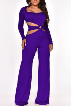 Purple Sexy Solid Hollowed Out Patchwork Square Collar Straight Jumpsuits