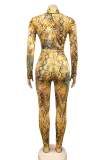 Brownness Sexy Print Patchwork Turndown Collar Long Sleeve Two Pieces