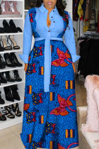 Lichtblauwe mode sexy print patchwork kraag A-lijn jurken