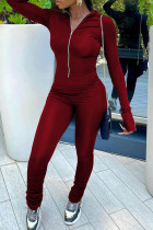 バーガンディ ファッション ストリート ソリッド パッチワーク ジッパー カラー ジャンプスーツ
