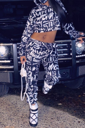 Black Fashion Casual Print Basic Hooded Collar Long Sleeve Two Pieces