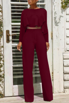 Burgundy Casual Solid Flounce O Neck Long Sleeve Two Pieces
