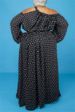 Zwarte mode casual print uitgeholde schuine kraag lange mouwen plus size jurken