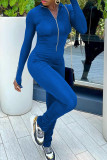 Blue Fashion Street Solid Patchwork Dragkedja Krage Jumpsuits