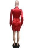 Rose Red Fashion Casual Solid Fold Turndown Collar Wrapped Skirt Dresses