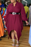 Бордовое повседневное однотонное лоскутное платье с отложным воротником и пряжкой, нестандартное платье, платья больших размеров