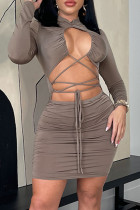 Lady Grey Sexy Solid Bandage Hollowed Out Half A Turtleneck Long Sleeve Dresses