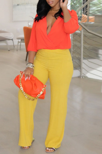 Red Yellow Casual Solid Patchwork V Neck Three Quarter Two Pieces
