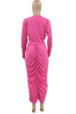 Pink Casual Solid Patchwork Fold O Neck Plus Size Two Pieces