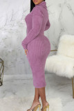 Purple Casual Solid Patchwork Turtleneck One Step Skirt Dresses