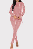 Розовый модный повседневный сплошной бинт с выдолбленным воротником с капюшоном и длинным рукавом из двух частей