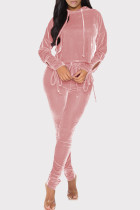 ピンク ファッション カジュアル 無地 包帯 中空 フード付き 襟 長袖 XNUMXピース