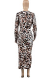 Leopardtryck Casual Print Leopard Patchwork Vik V-hals Rak Plus Size Klänningar