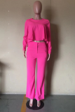 Rose Red Casual Solid Flounce O Neck Long Sleeve Two Pieces