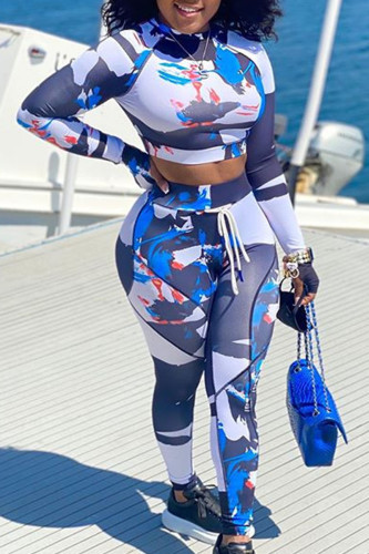 Blue Sexy Print Patchwork O Neck Long Sleeve Two Pieces