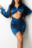レイク ブルー ファッション カジュアル ソリッド フォールド ターンダウン カラー ラップ スカート ドレス