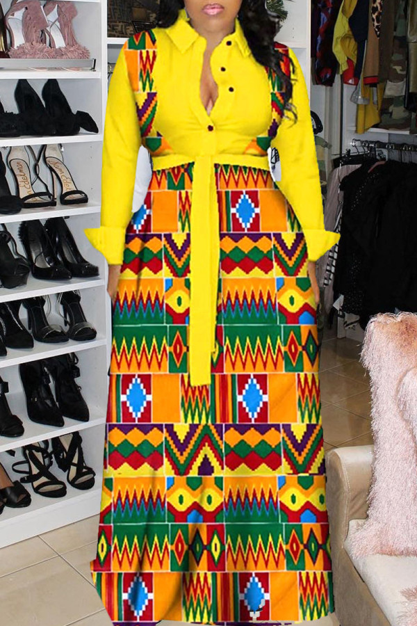 Gele mode sexy print patchwork kraag A-lijn jurken