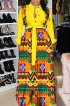 Gele mode sexy print patchwork kraag A-lijn jurken