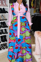 ピンク ファッション セクシー プリント パッチワーク ターンダウン カラー A ライン ドレス