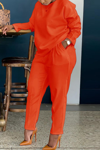 Оранжевый модный повседневный однотонный базовый с круглым вырезом и длинным рукавом из двух предметов