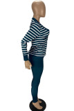 Ink Green Fashion Simplicity Striped Patchwork Long Sleeve Two Pieces