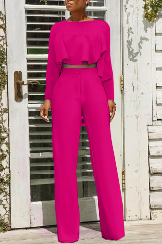Rose Red Casual Solid Flounce O Neck Long Sleeve Two Pieces