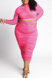 Pink Casual Solid Patchwork Fold O Neck Plus Size Two Pieces