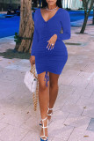 Vestidos casuais azuis sensuais de manga comprida com decote em V e decote