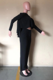 Black Casual Solid Flounce O Neck Long Sleeve Two Pieces