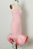 ピンクのセクシーなソリッドパッチワークバックレススパゲッティストラップイブニングドレス
