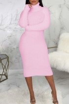 ピンク カジュアル ソリッド パッチワーク タートルネック ワン ステップ スカート ドレス