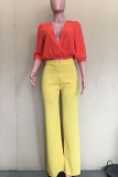 Red Yellow Casual Solid Patchwork V Neck Three Quarter Two Pieces