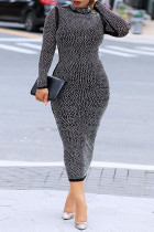 Black Fashion Sexy Hot Drilling Hollowed Out Backless Turtleneck Long Sleeve Dresses