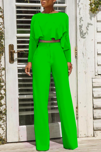 Green Casual Solid Flounce O Neck Long Sleeve Two Pieces