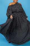 Zwarte mode casual print uitgeholde schuine kraag lange mouwen plus size jurken