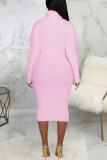 ピンク カジュアル ソリッド パッチワーク タートルネック ワン ステップ スカート ドレス