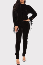 Black Fashion Casual Solid Bandage Hollowed Out Hooded Collar Long Sleeve Two Pieces