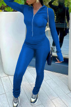 Blauwe mode-straat effen patchwork jumpsuits met ritssluiting en kraag