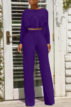 Purple Casual Solid Flounce O Neck Long Sleeve Two Pieces