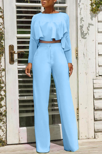 Sky Blue Casual Solid Flounce O Neck Long Sleeve Two Pieces